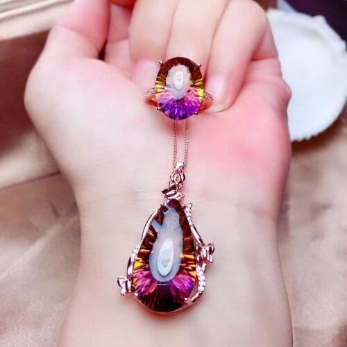 The Best Wedding Gift Ametrine jewelry set Natural Real Ametrine 925 sterling silver 1pc pendant,1pc ring