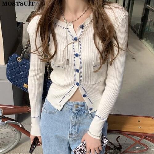 Chic Stylish Slim Knitted Cardigan Tops Women Full Sleeve O-neck Color-blocked Sweaters Fashion Elegant Ladies Jumpers Knitwear