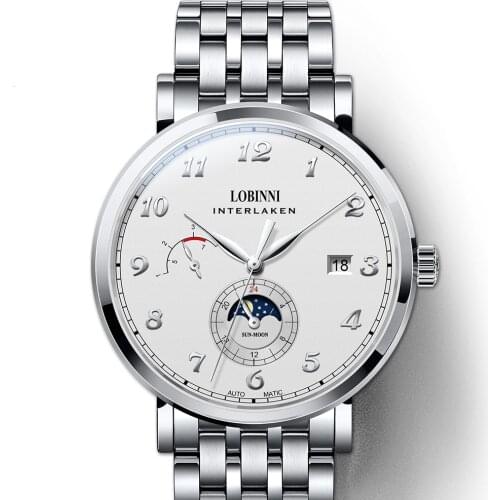 LOBINNI Switzerland Luxury Brand Men Watches Seagull Automatic Mechanical Mens Clock Sapphire Moon Phase Muiti-function L6860-4