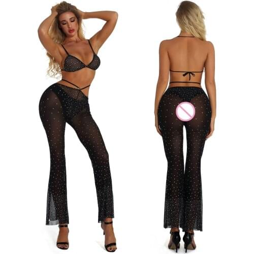 Rhinestone Adult Sex Underwear Women Sexy Outdoor Shiny Pants Transparent Buttock Diamond Glitter Bra Metallic Bodysuit Set hot