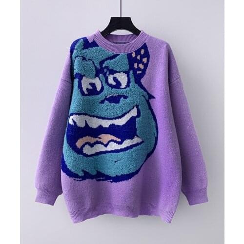 Loose Korean Fashion Pullover Ladies Sweater 2021 Female Cartoon Monster Embroidery Sweater Unique Letters Print Pullovers