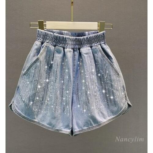 Thin Denim Shorts for Women 2021 Summer New Loose High Waist Embroidery Hot Drilling Wide Leg Hot Pants Blue Female Clothing