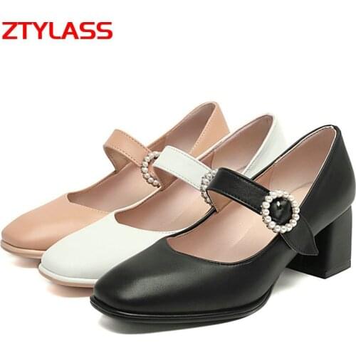 Big Size Women Pumps 34-45 Fashion Buckle Mary Jane Pumps Comfort Square Toe High Heels Shoes Spring Summer Thick Heel Shoes