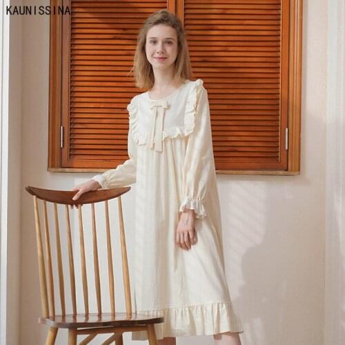 Spring Autumn Long Sleeve Cotton Long Nightdress Retro Princess Style Nightgown Mid-Calf O-Neck Ruffles Night Dress Sleepwear