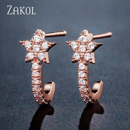 ZAKOL Fashion Top Quality J Shape Micro Pave Cz Zirconia Star Stud Earring Cute Girl Party Jewelry Factory Wholesale FSEP2395