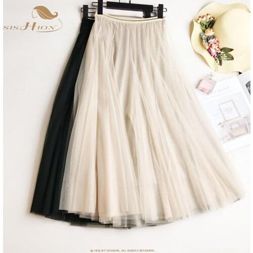 SISHION Tulle Skirts Womens Jupe Longue 2021 Casual Spring Summer QY0004 Mesh Elastic High Waist Long A-line Solid Skirt