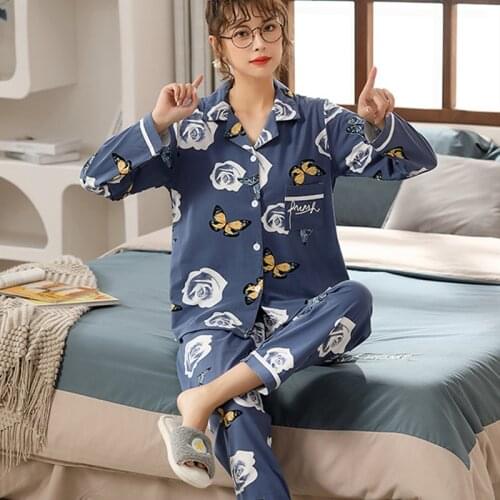 Womens Suit Cotton Cardigan Lapel Long Sleeve Tops Pajamas Set Korean Sweet Loose Print Loungewear Female Sleepwear 2021 New