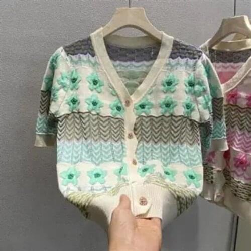 Han Fan ins2021 summer new flower nail bead ice silk thin pink V-neck T-shirt small cardigan female