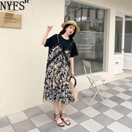 NYFS 2021 New Korean Patchwork Lace Big Hem Woman Dress Loose Long Dress Vestidos Robe Elbise Fake two-piece sling Summer Dress