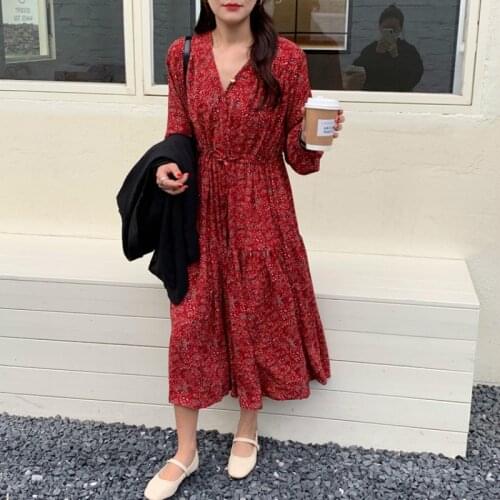 Snordic Women Autumn Elegant Long Floral Chiffon Dress V Neck Full Sleeve Drawstring Waistbelt Cascading Pleat