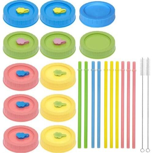 19Pcs Mason Jar Lids set with Straws Clean Brush Colored Plastic Canning Jar Drinking Lids for Ball Kerr and More
