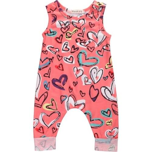 2017 Lovely Casual Cotton Sleeveless O-Neck Covered Button Heart Print Pink Romper Jumpsuit Playsuit Outfit Summer Party 0-24M