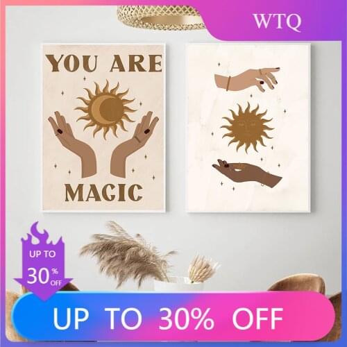 Abstract Mystic Hand Sun Moon Scene Boho Canvas Prints Wall Art Canvas Painting Pictures Posters for Room Home Room Decoration