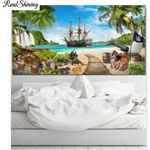 Pirate boat Diamond Painting Seaside waterfall trees Full Square Embroidery natural landscape Diamond Mosaic Cross Stitch F643