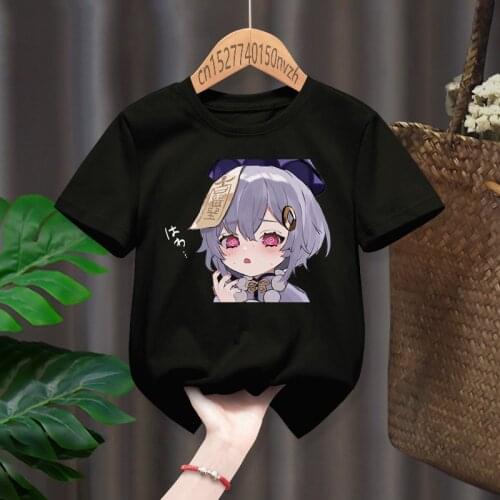 Anime Genshin Qiqi Impact Funny Baby Girl T-shirts Kid Children Manga Gift Present Clothes Black Harajuku Kawaii Tops,Drop Ship