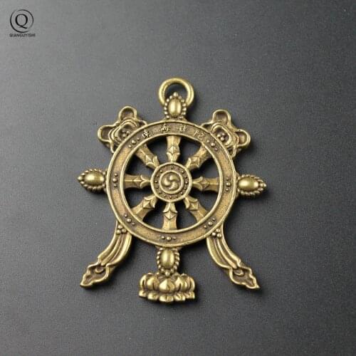 Antique Brass Big Guanyin Buddha Dharma Wheel Round Key Chains Rings Pendants Religious Buddhist Jewelry Keychains Hangings