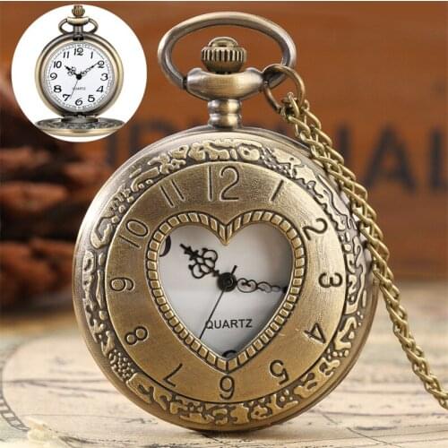 New Arrival Roman Heart Retro Alloy Women Men Pocket Watch Arabic Numerical Design Clock Quartz Necklace Chain Watch Present