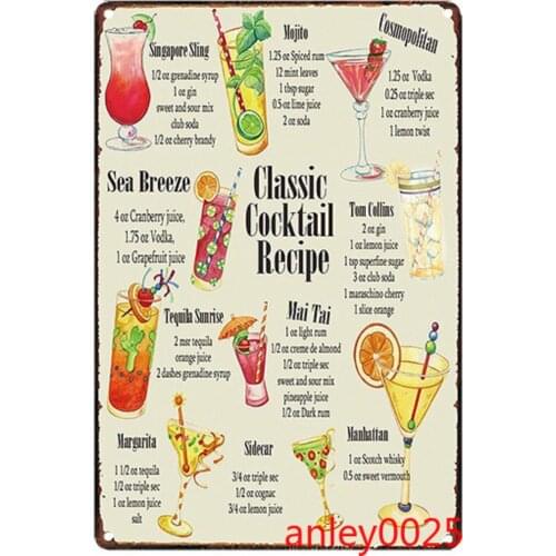 Classic Cocktail Recipe Vintage Metal Tin Signs Bar Pub Home Wall Decoration Iron Painting Retro Plaque Art Poster