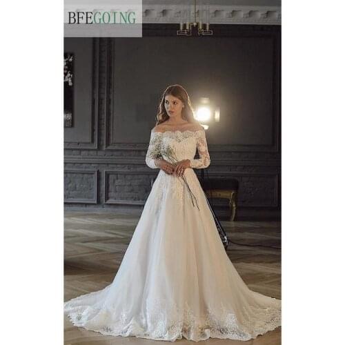 Ivory Lace Tulle Beading Off The Shoulders Long Sleeves Bridal Gowns Floor-Length A-Line Wedding Dress Chapel Train Custom Made