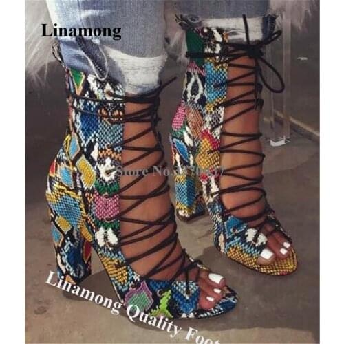 Linamong Sexy Fashion Peep Toe Snake Leather Chunky Heel Short Gladiator Boots Lace-up Cut-out Thick High Heel Ankle Booties