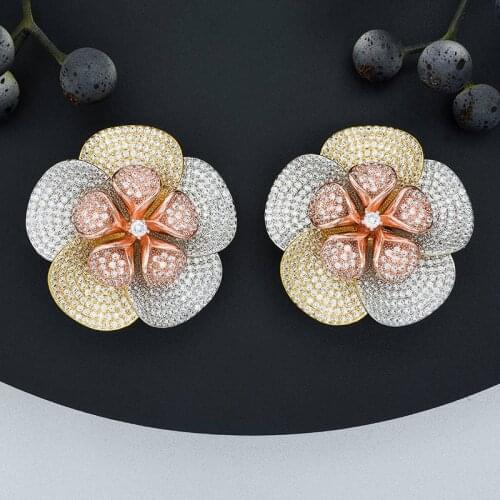 ModemAngel Luxury 3 tone color Flower Earring Zirconia Copper BEngagement Party Wear Earring for women