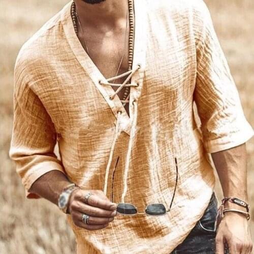 Fashion Men Casual Retro V-Neck Mid-Sleeve Shirt Casual Loose Tee T-Shirt Blouse Tops Men Loose Pullover 2021 Summer Hot New