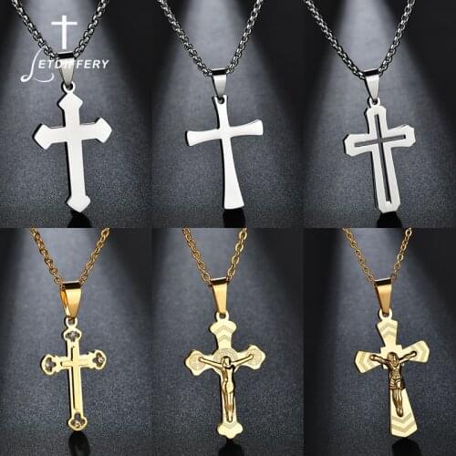 Letdiffery Fashion Stainless Steel Cross Pendant Necklace for Men Women Simple Crystal Gold JESUS Catholic Jewelry wholesale