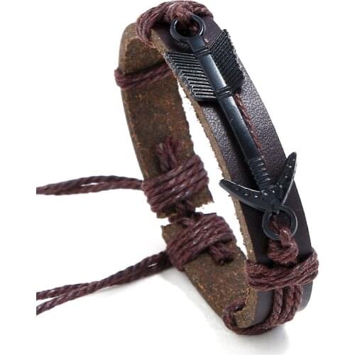Fashion Black Arrows Sign Bracelet Casual PU Leather Bangle Retro Alloy Feather Hand Chain For Men Boy Friend Gift