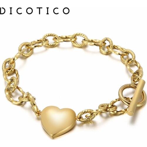 DICOTICO Fashion Heart Wristband Women Gold Bracelet Stainless Steel Charms For Bracelet Cadeau Pulseras Wholesale Jewelry Gift