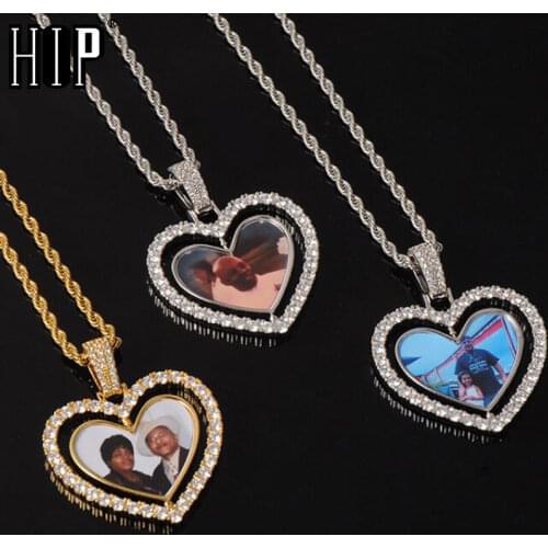 Hip Hop Custom Made Photo Heart Rotating Double-sided Iced Out Bling Cubic Zircon Necklace&Pendant For Men Jewelry Tennis Chain