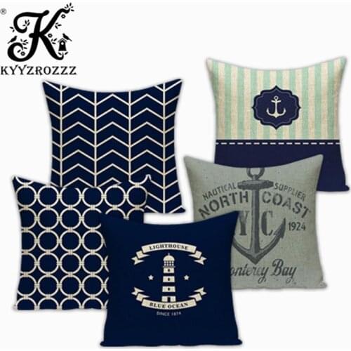 Customized Pillowcases Blue Sea Nautical Buoy Anchor Cushions Cover Cotton Linen Anchor Geometric Sailing Printed Home Decor