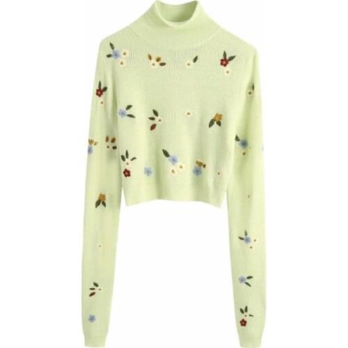 New Women Autumn Apple Green Cute Knitted Za Sweaters Ladies Sweet Flower Embroidery Long Sleeve Turtleneck Pullover Sweater