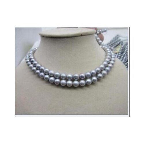 2 ROW NEW 8-9MM GRAY TAHITIAN PEARL NECKLACE 17-18 ''14k white GOLD CLAS