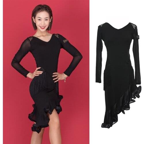 Long Sleeve Latin Dance Dress Tassel Salsa ChaCha Dancing Performance Costume Irregular Lace-Up Hemline Competition Wear YS2172