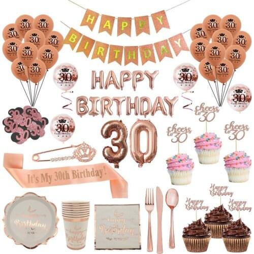 Rosegold 30 Year Old Balloon Sash Happy Birthday Banner Cupcake Toppers Disposable Tableware 30th Birthday Party Decor Supplies