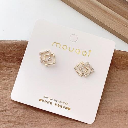 Silver Plated Needles Double Squares Alloy Hollow Rhinestone Golden White Simulated Pearls Geometry Stud Earrings for Women