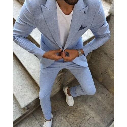 Casual Light Blue Slim Fit Mens Prom Suits 2 Pcs Costume Homme Peaked Lapel Wedding Suits For Men Tuxedos Blazers Jacket Pants