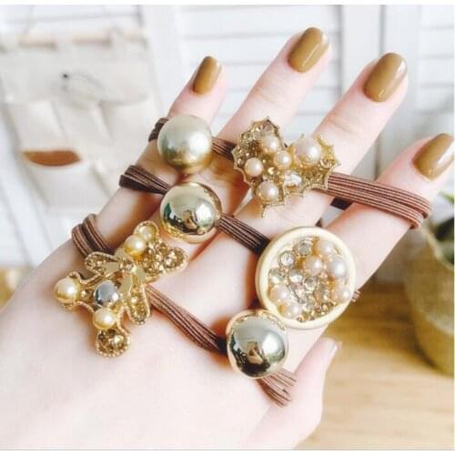 30pcs/lot Imitation Pearl Loving Hearts Hair Bands Elasticity Round Bears Rubber Band Hair Styling Tools Accessories HA1140