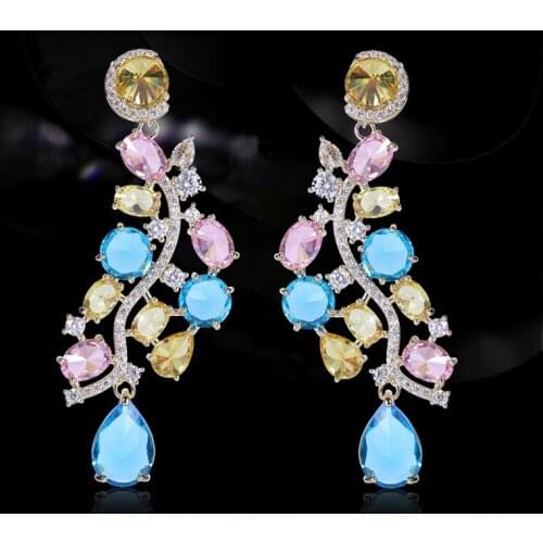 Luxury Multicolor Cubic Zirconia Long Drop Dangle Irregular Earrings for Women Statement Wedding Jewelry Branches Leaves Earring