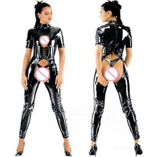S-XXL Black Latex Wet Look Bodycon Catsuit Sexy Faux Leather Bodysuit Open Crotch Erotic PVC Jumpsuit Clubwear Dance Costume