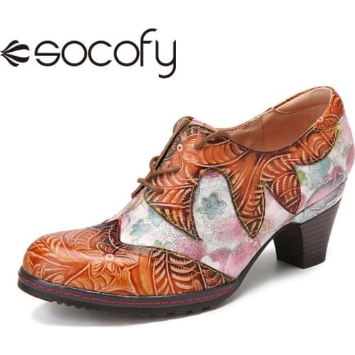 SOCOFY Women Retro Style Pumps Hand Stitching Printed Cowhide Leather Comfy Casual Outdoor Wearable Lace Up Casual Pumps