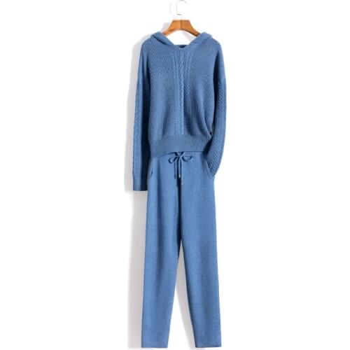 30% Wool + 45% Cashmere warm Knit Suits hooded cashmere woolen Sweater + Mink Cashmere Trousers Brilliant Two-pieces sets F410