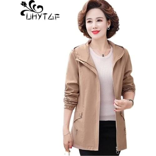 UHYTGF Mother 5XL Plus Size Clothes Windbreaker Womens Tops Outerwear 2021 Hooded Casual Spring Autumn Trench Coat Female 2185