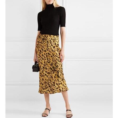 100% Brand Fashion Women High-end Luxury Summer Vintage Yellow Leopard Print Elastic Waist Silk Skirt