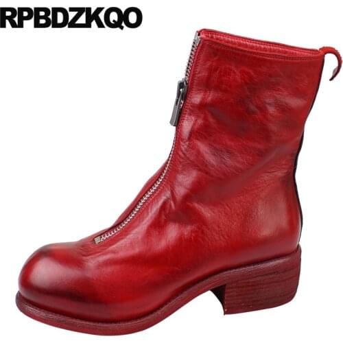 Black Shoes Autumn Thick Ankle High Quality Fur 2021 Round Toe Chunky Front Zipper Red Brand Women Winter Boots Genuine Leather