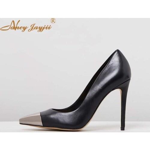 Silver Cap Toe Ladies Shoes Woman Pupms Black/White Solid Super High Thin heels Pointed Toe Slip-On Sewing Fashion Leisure 2019