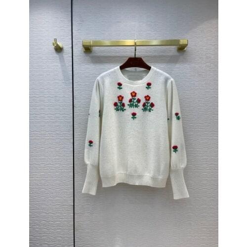 Luxury 2021 Autumn Women High Quality Flower Embroidery 100% Cashmere Jumpers Female Knitted Sweater 2 Color Gdnz 6.19