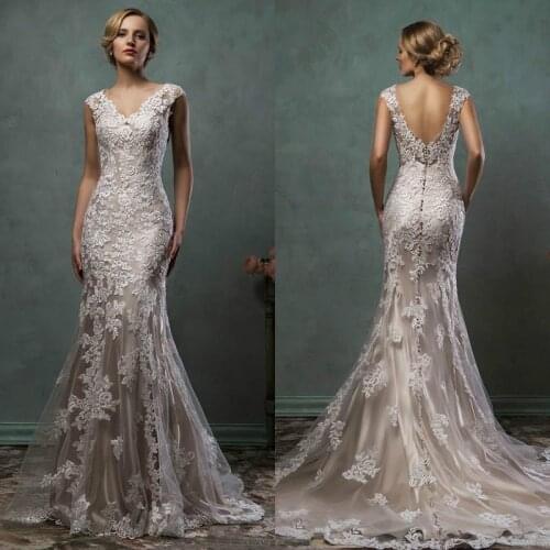 Vintage Amelia Sposa Full Lace Appliques Mermaid Wedding Dresses 2020 V-Neck Chapel Train Wedding Bridal Party Gowns