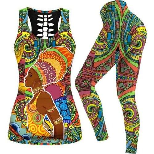 Ladies Summer Dress 2021 African Sexy Women 3D Printed Fitness Women Yoga Set Hollow Vest Tights Set High Waist Elastic Sports