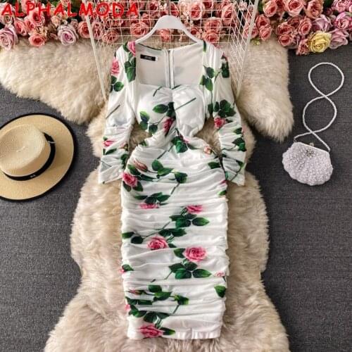 ALPHALMODA 2021 Spring Rose Print Retro Women Dress OL Elegant Gauze Elastic Slim Square Neck Slim Fit Knee Length Dress M-2XXL